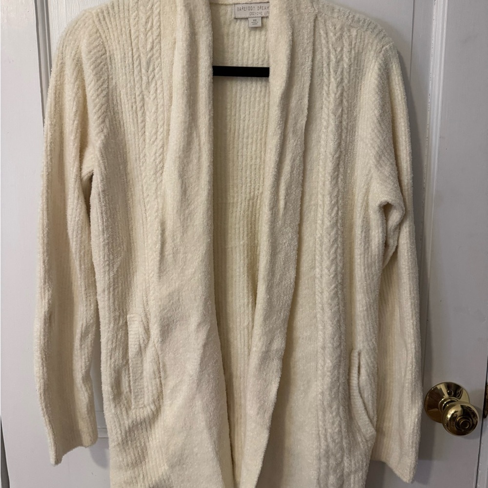 Barefoot Dreams Open-Front Cream Cable Knit Cardigan
